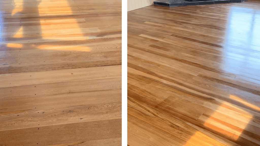 Two images of finished, sanded wooden floors by Flooring Xtra
